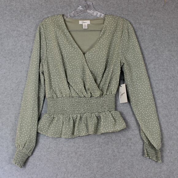 Japna Green White Polka Dot V-Neck Crossover Front Blouse LS‎ Size Small - Picture 1 of 5